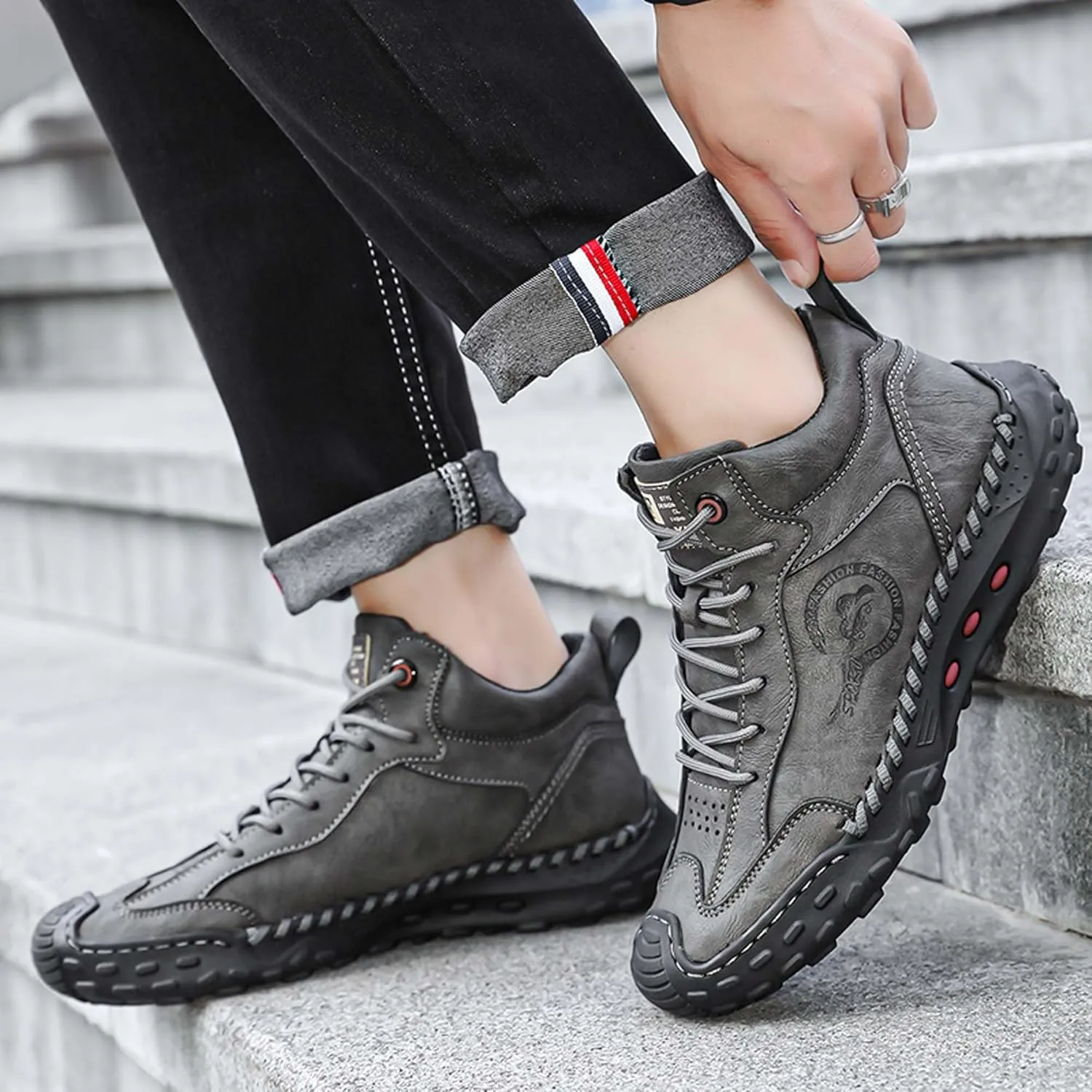 Men's Premium Cow Leather Sneakers, Walking Shoes, Mid Top Casual Shoes for Men,Mesh Lining, Hand Sewn, Comfortable, Soft, Non-Slip, Durable