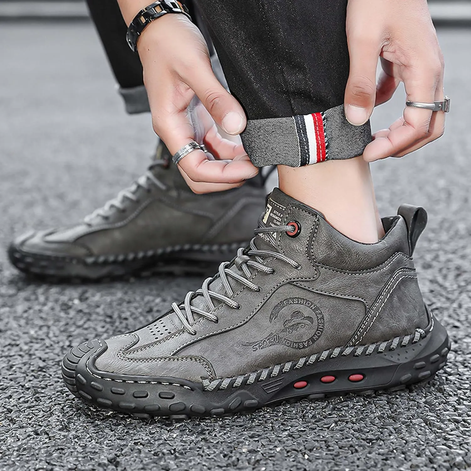 Men's Premium Cow Leather Sneakers, Walking Shoes, Mid Top Casual Shoes for Men,Mesh Lining, Hand Sewn, Comfortable, Soft, Non-Slip, Durable