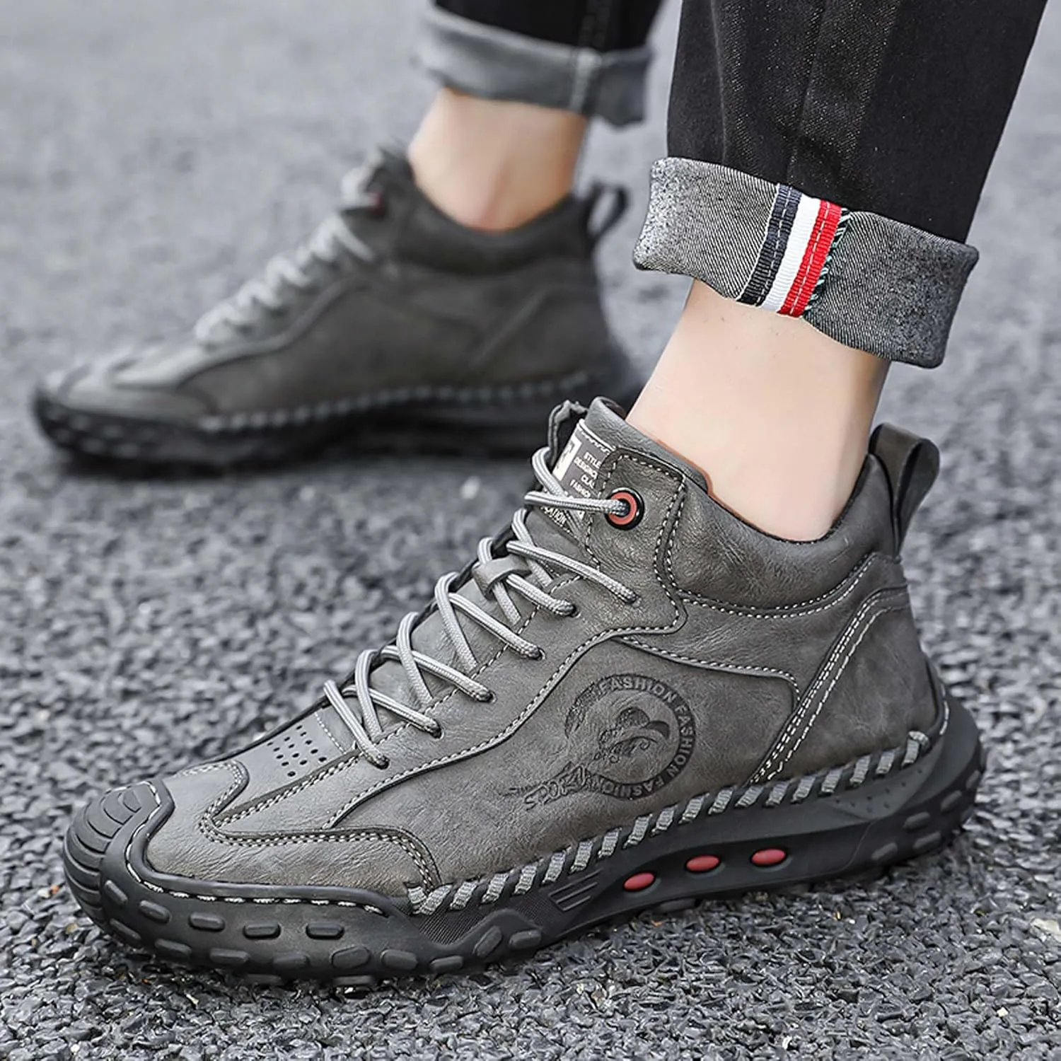 Men's Premium Cow Leather Sneakers, Walking Shoes, Mid Top Casual Shoes for Men,Mesh Lining, Hand Sewn, Comfortable, Soft, Non-Slip, Durable