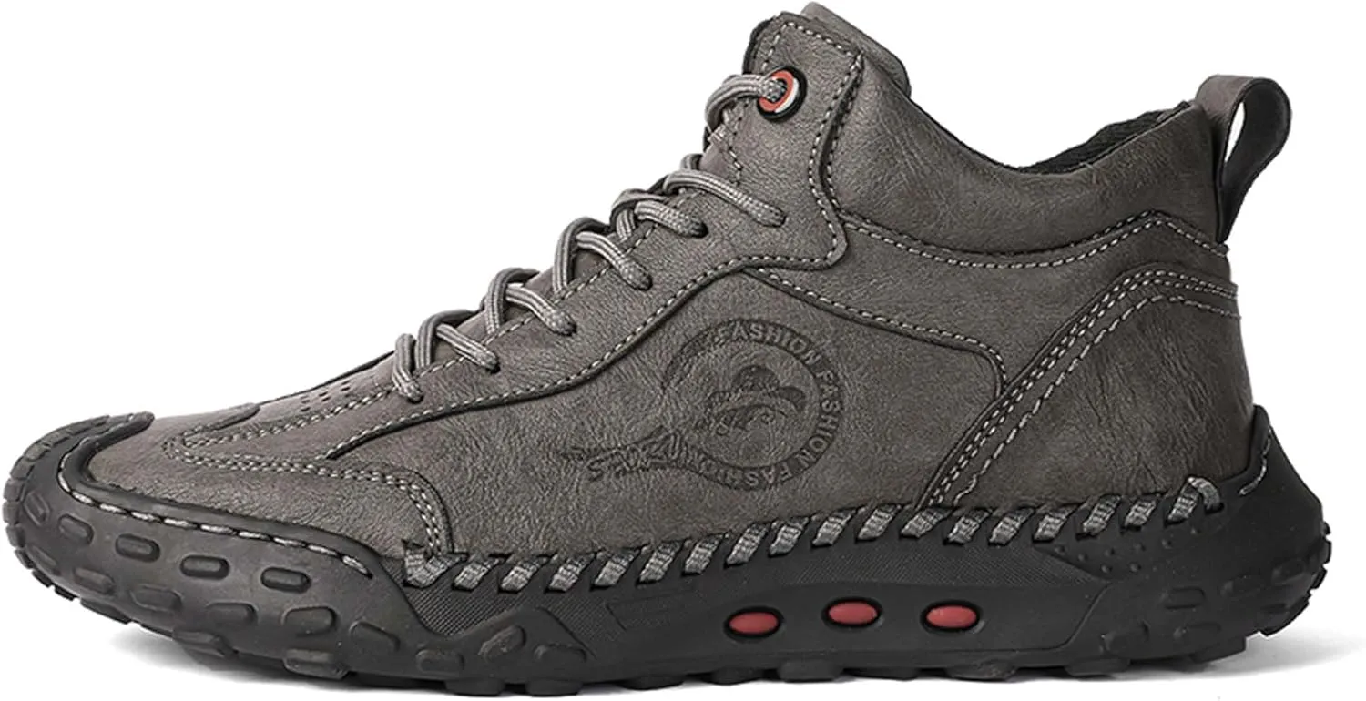 Men's Premium Cow Leather Sneakers, Walking Shoes, Mid Top Casual Shoes for Men,Mesh Lining, Hand Sewn, Comfortable, Soft, Non-Slip, Durable