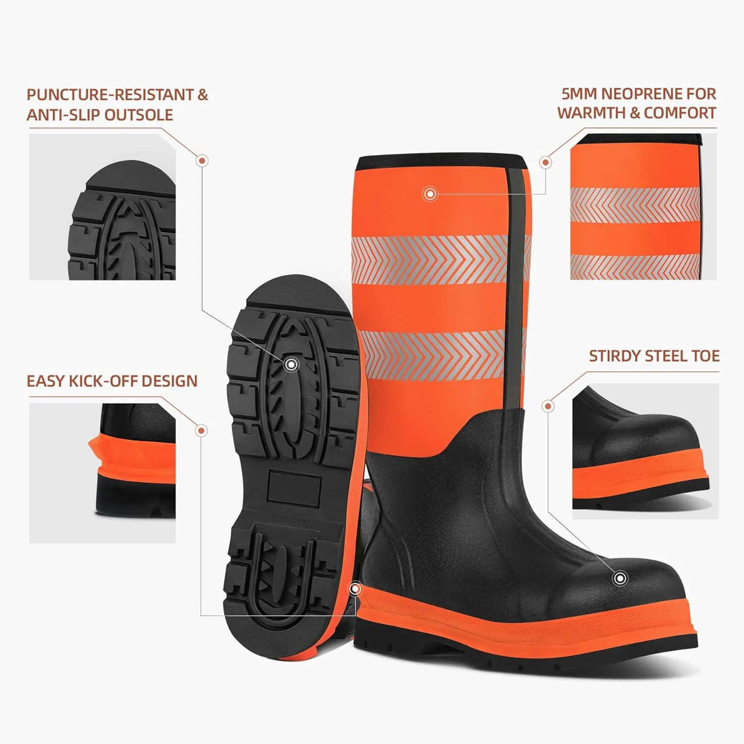 Men's Steel Toe Muck Work Boots – Reflective, Puncture Proof, Oil & Slip Resistant, Rubber & Neoprene, Breathable Safety Boots for Construction, Roadwork, Industrial & Heavy Duty