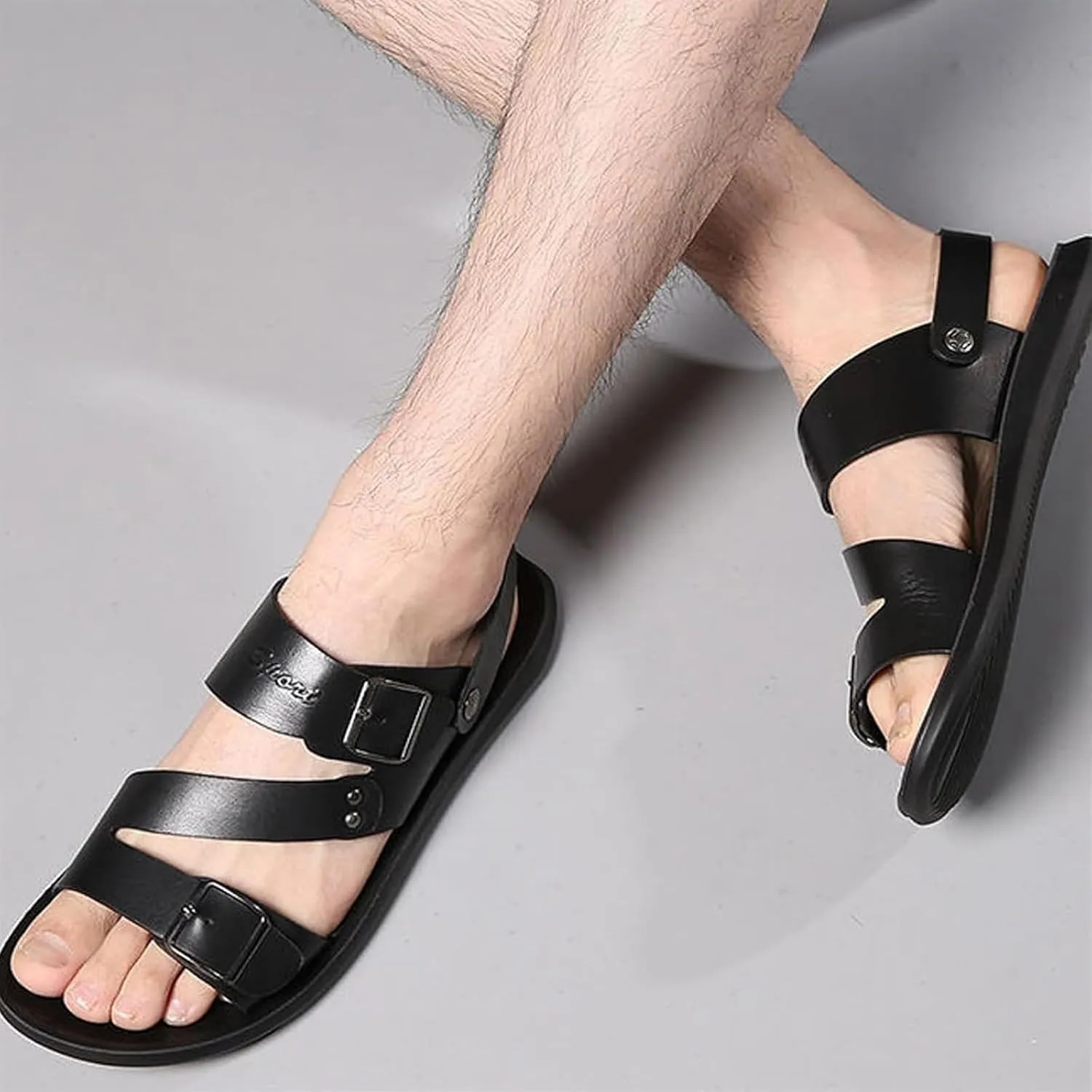 Men's Summer Leather Buckle Casual Flat Sandals With Adjustable Ankle Straps Slip-On Beach Sandals Open Toe Non-Slip Soft Comfortable Slide Sandals For Men