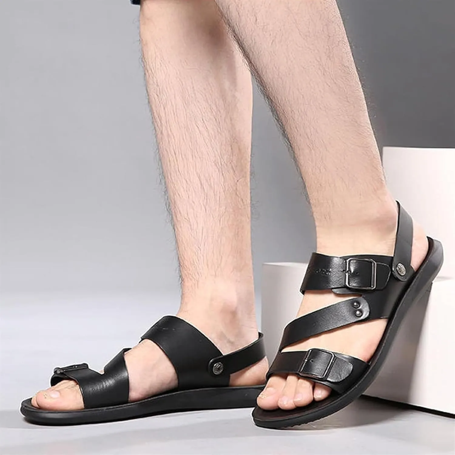 Men's Summer Leather Buckle Casual Flat Sandals With Adjustable Ankle Straps Slip-On Beach Sandals Open Toe Non-Slip Soft Comfortable Slide Sandals For Men