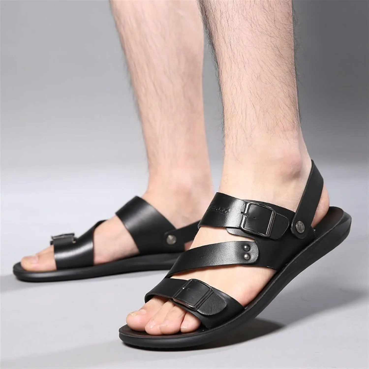 Men's Summer Leather Buckle Casual Flat Sandals With Adjustable Ankle Straps Slip-On Beach Sandals Open Toe Non-Slip Soft Comfortable Slide Sandals For Men