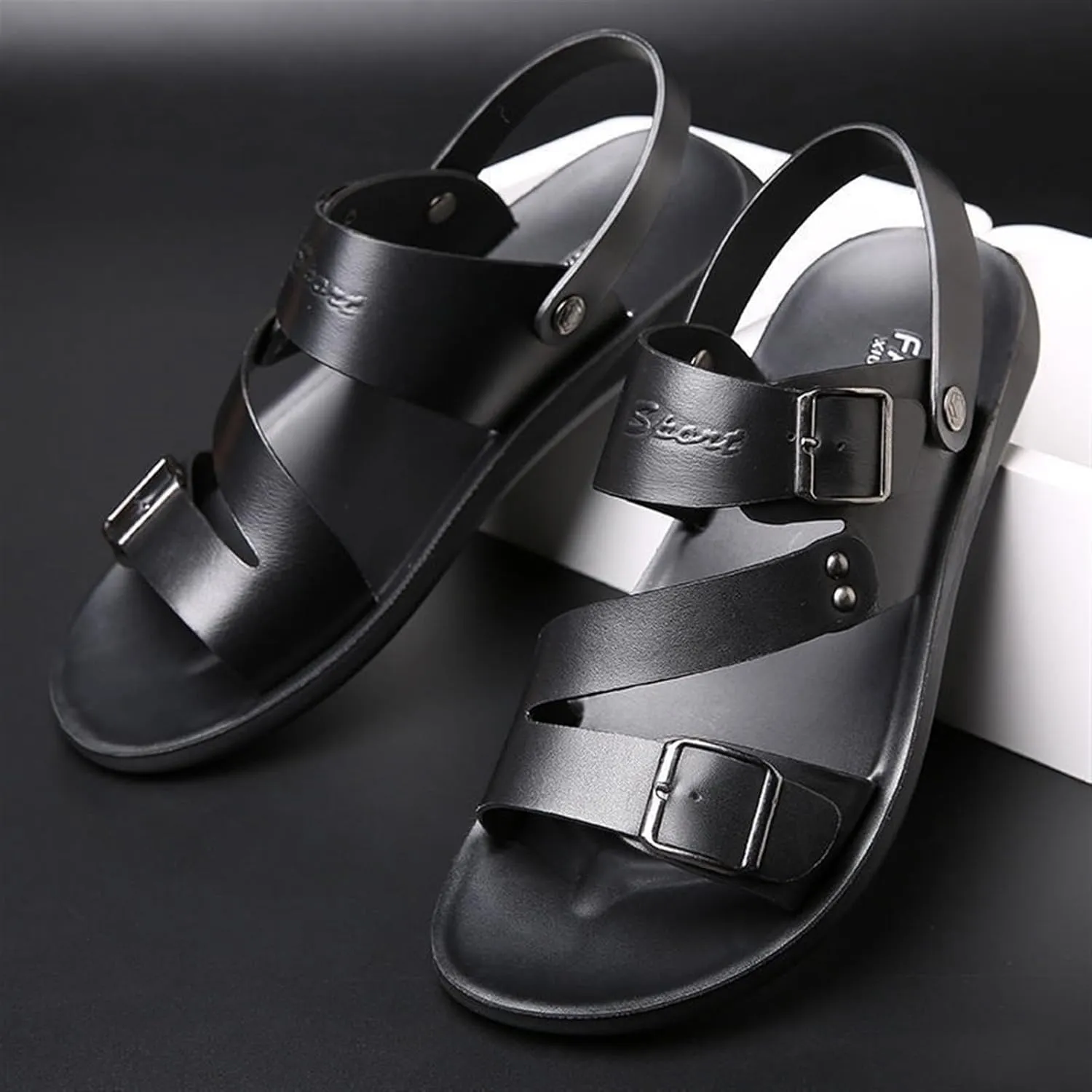 Men's Summer Leather Buckle Casual Flat Sandals With Adjustable Ankle Straps Slip-On Beach Sandals Open Toe Non-Slip Soft Comfortable Slide Sandals For Men