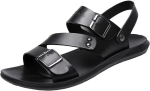 Men's Summer Leather Buckle Casual Flat Sandals With Adjustable Ankle Straps Slip-On Beach Sandals Open Toe Non-Slip Soft Comfortable Slide Sandals For Men