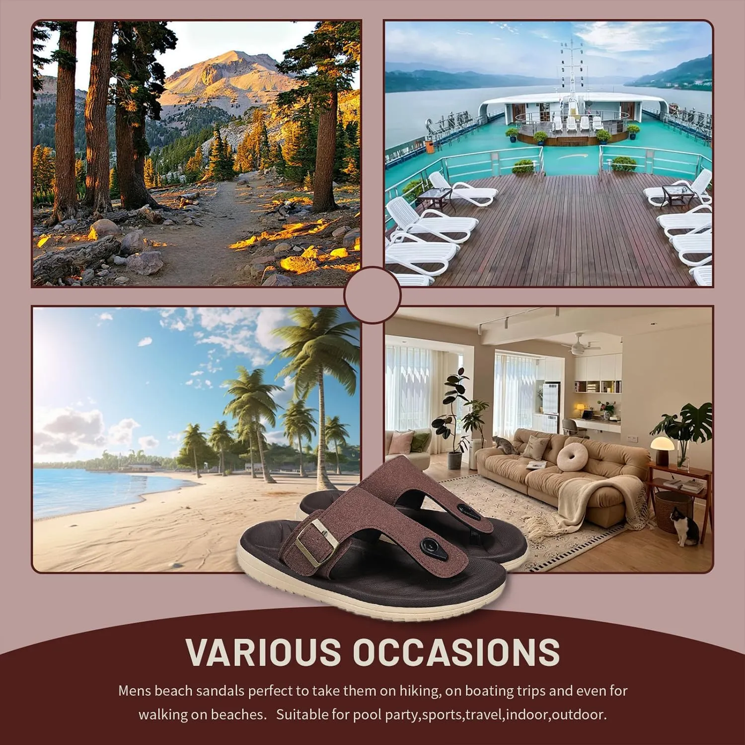 Mens Thong Sandals Adjustable Buckles Open Toe Summer Beach Flip Flops for Men, Soft Cushion Arch Support