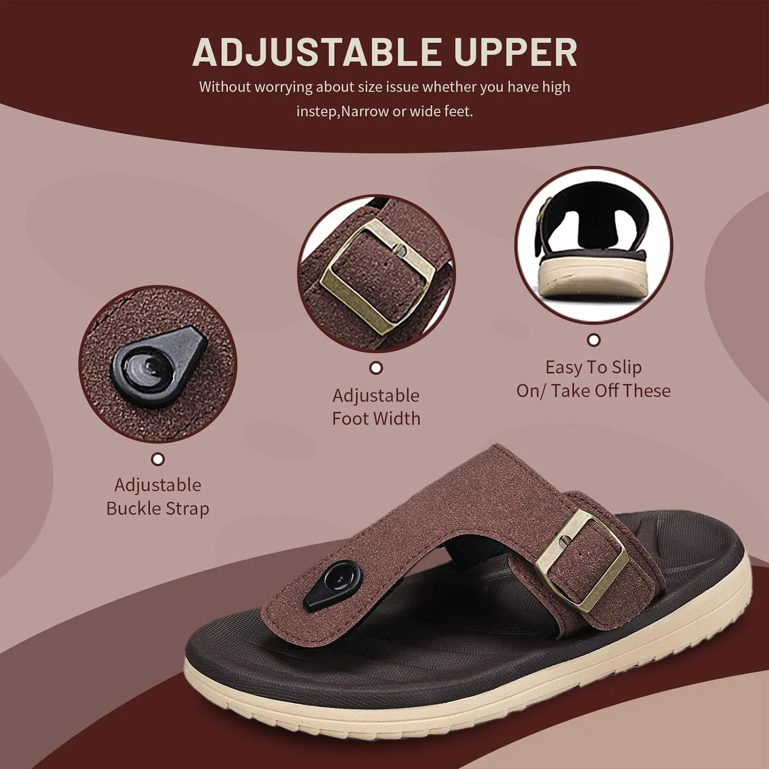 Mens Thong Sandals Adjustable Buckles Open Toe Summer Beach Flip Flops for Men, Soft Cushion Arch Support
