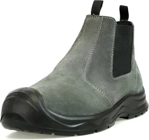 Men‘s Women’s 6in Mid-top Steel Toe Work Boots, Slip-On Chelsea Style, Tumbled Leather Uppers, Non-Slip Outsoles, Toe Protection, No Lace (Gray)