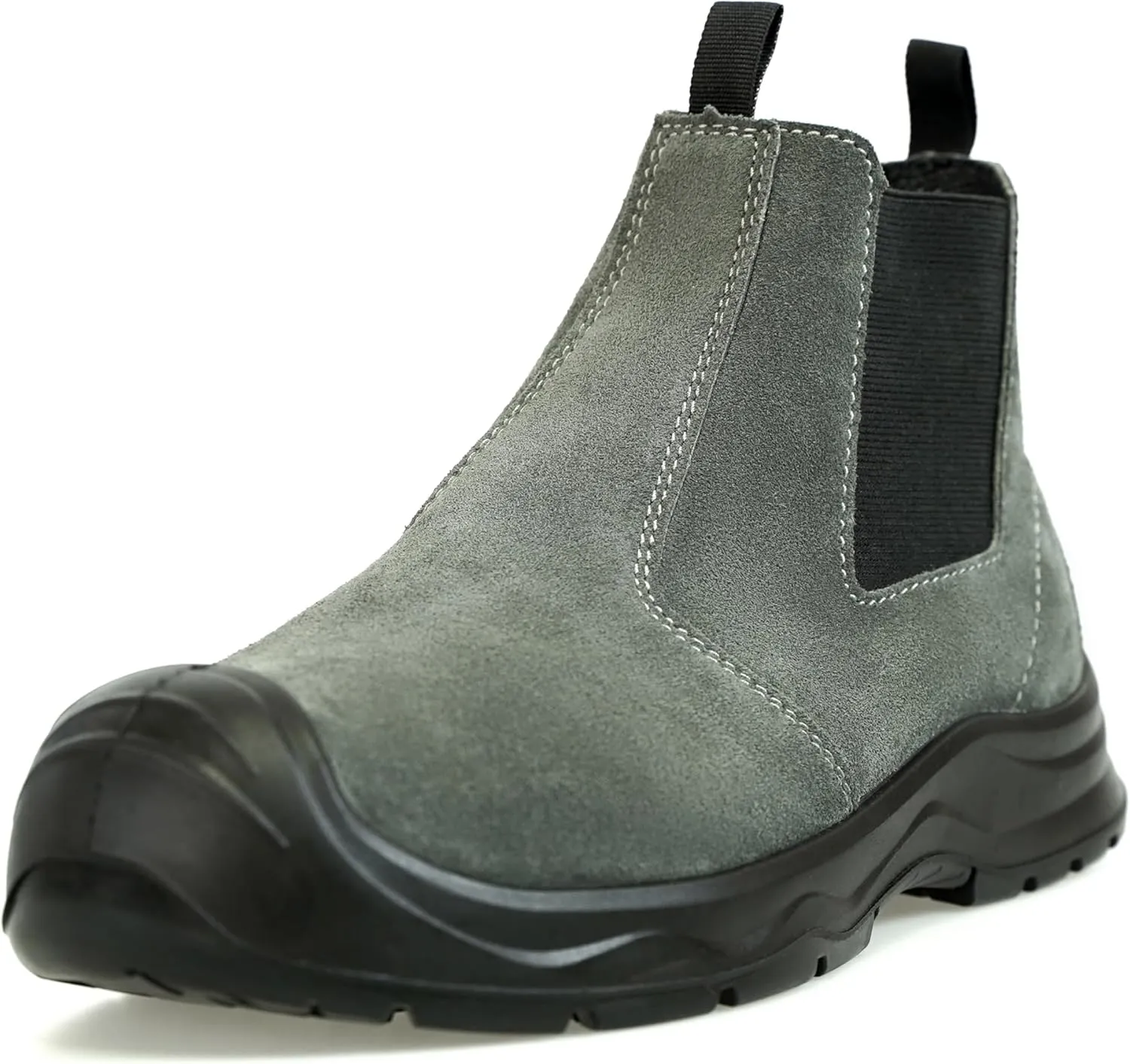 Men‘s Women’s 6in Mid-top Steel Toe Work Boots, Slip-On Chelsea Style, Tumbled Leather Uppers, Non-Slip Outsoles, Toe Protection, No Lace (Gray)