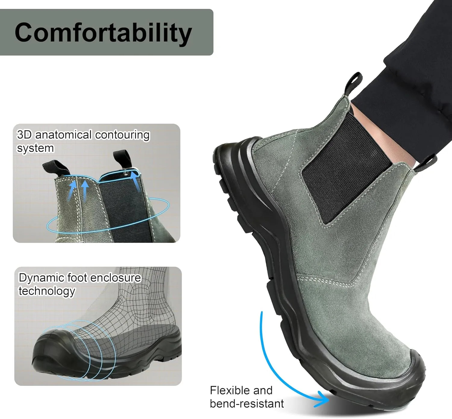 Men‘s Women’s 6in Mid-top Steel Toe Work Boots, Slip-On Chelsea Style, Tumbled Leather Uppers, Non-Slip Outsoles, Toe Protection, No Lace (Gray)