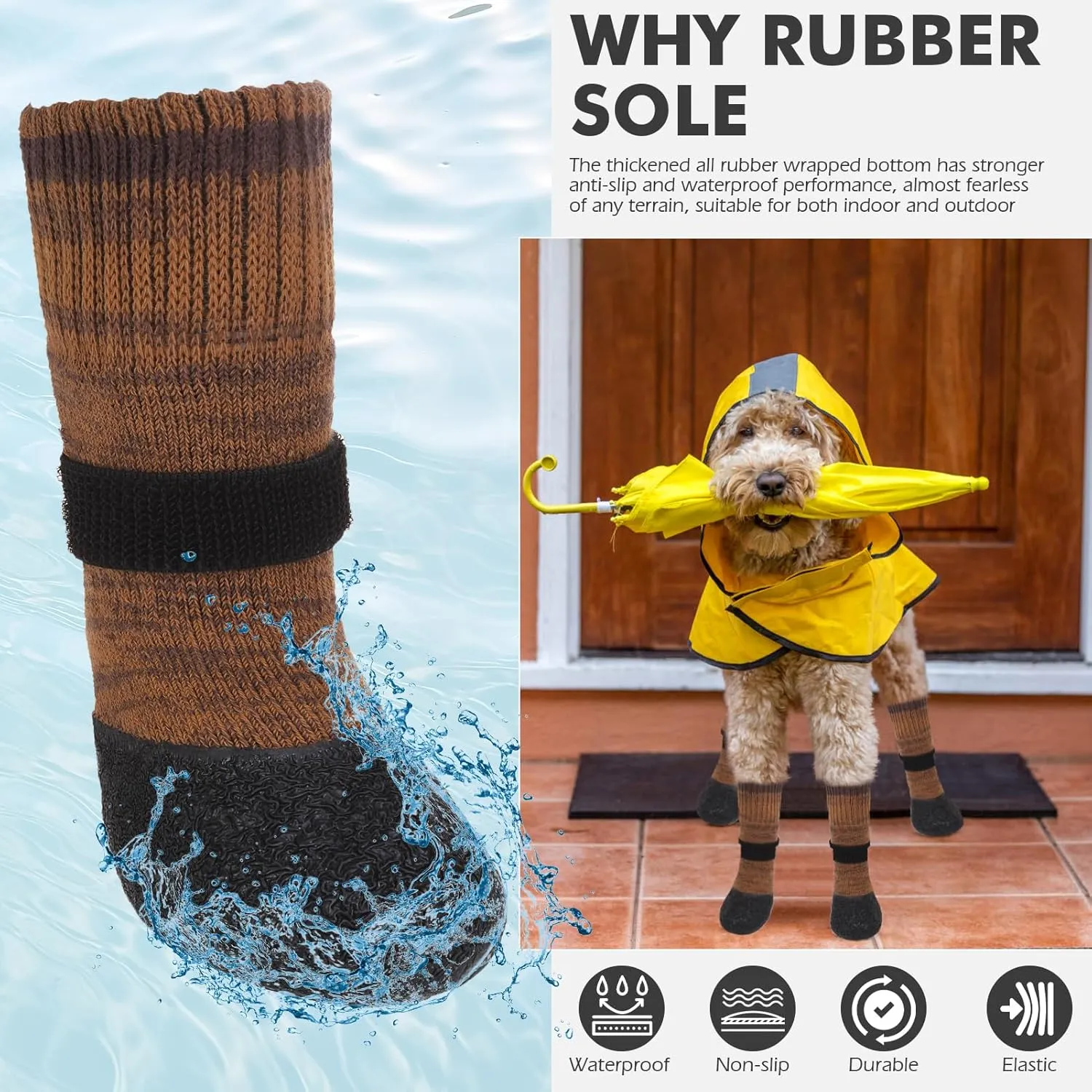 Mihachi Anti Slip Dog Socks, Dog Boots for Hardwood Floors Prevent Licking, Traction Control Waterproof Rubber Sole Paw Protectors for Small Medium Large Dogs, Brown Large