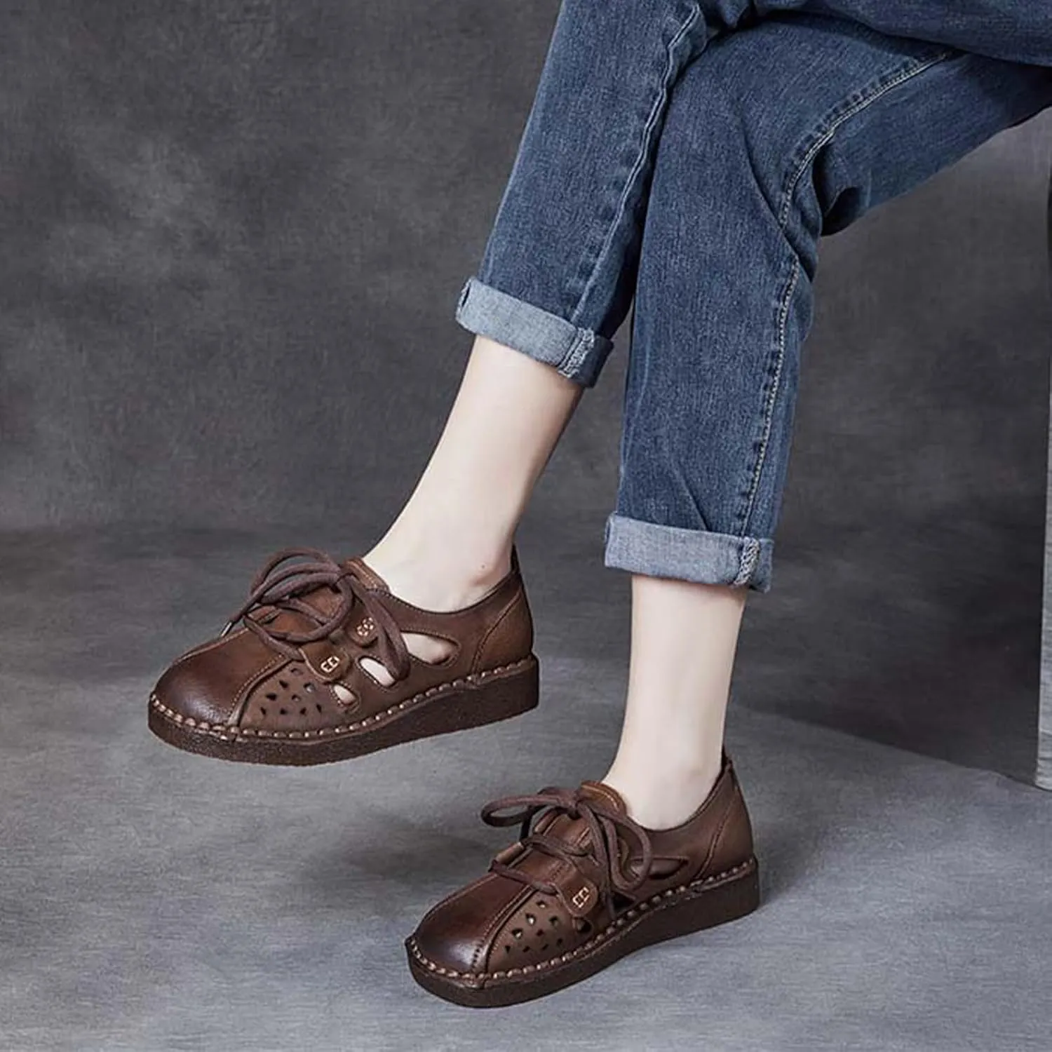 MILDSEVEN Lace Up Retro Fashion Handmade Sandals for Women, Cute Real Leather Soft Sweet Casual Flats for Wedding, Parties And Banquet