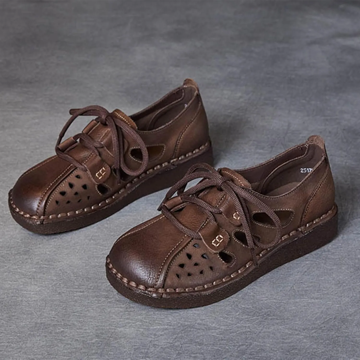 MILDSEVEN Lace Up Retro Fashion Handmade Sandals for Women, Cute Real Leather Soft Sweet Casual Flats for Wedding, Parties And Banquet