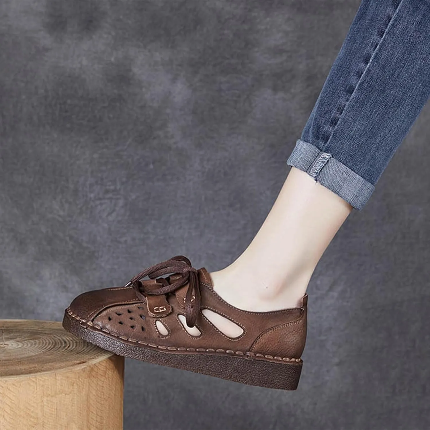 MILDSEVEN Lace Up Retro Fashion Handmade Sandals for Women, Cute Real Leather Soft Sweet Casual Flats for Wedding, Parties And Banquet