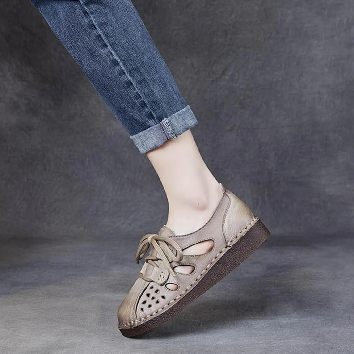 MILDSEVEN Lace Up Retro Fashion Handmade Sandals for Women, Cute Real Leather Soft Sweet Casual Flats for Wedding, Parties And Banquet