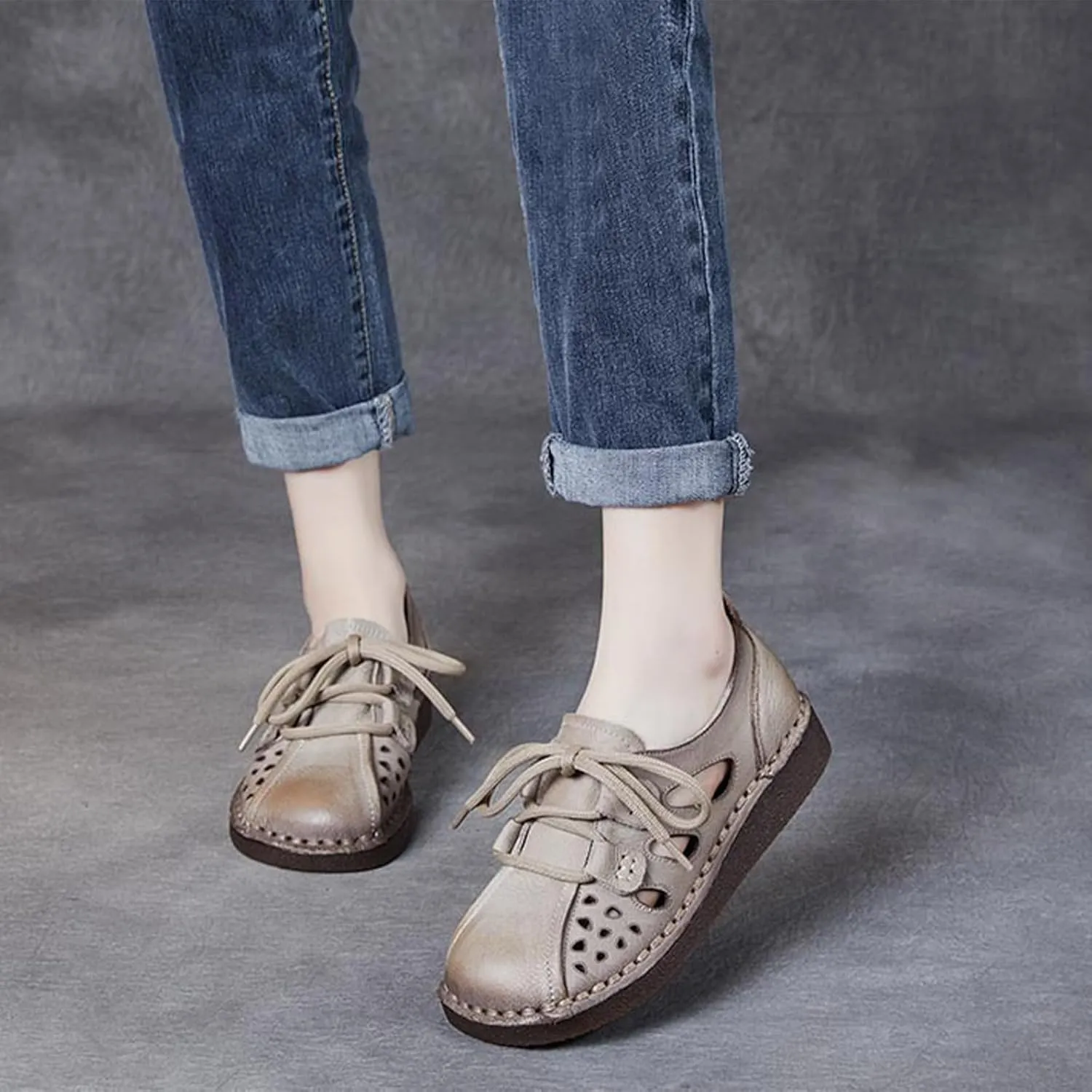 MILDSEVEN Lace Up Retro Fashion Handmade Sandals for Women, Cute Real Leather Soft Sweet Casual Flats for Wedding, Parties And Banquet