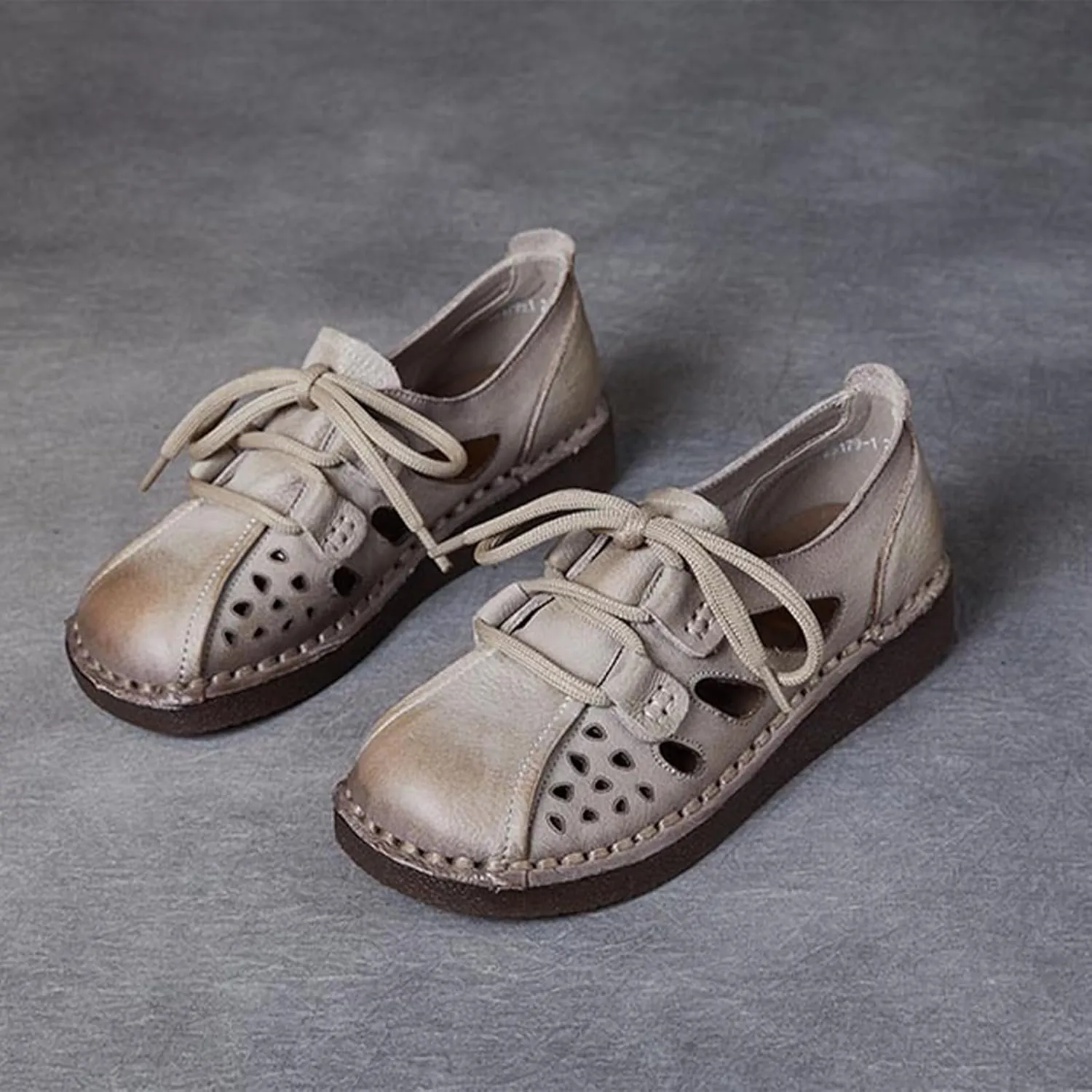 MILDSEVEN Lace Up Retro Fashion Handmade Sandals for Women, Cute Real Leather Soft Sweet Casual Flats for Wedding, Parties And Banquet