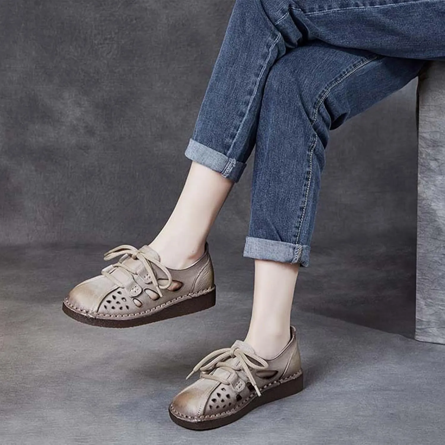 MILDSEVEN Lace Up Retro Fashion Handmade Sandals for Women, Cute Real Leather Soft Sweet Casual Flats for Wedding, Parties And Banquet