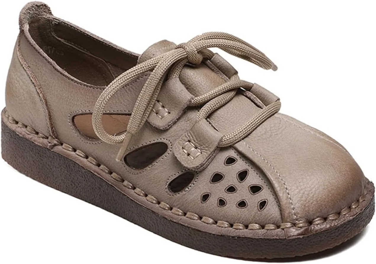 MILDSEVEN Lace Up Retro Fashion Handmade Sandals for Women, Cute Real Leather Soft Sweet Casual Flats for Wedding, Parties And Banquet