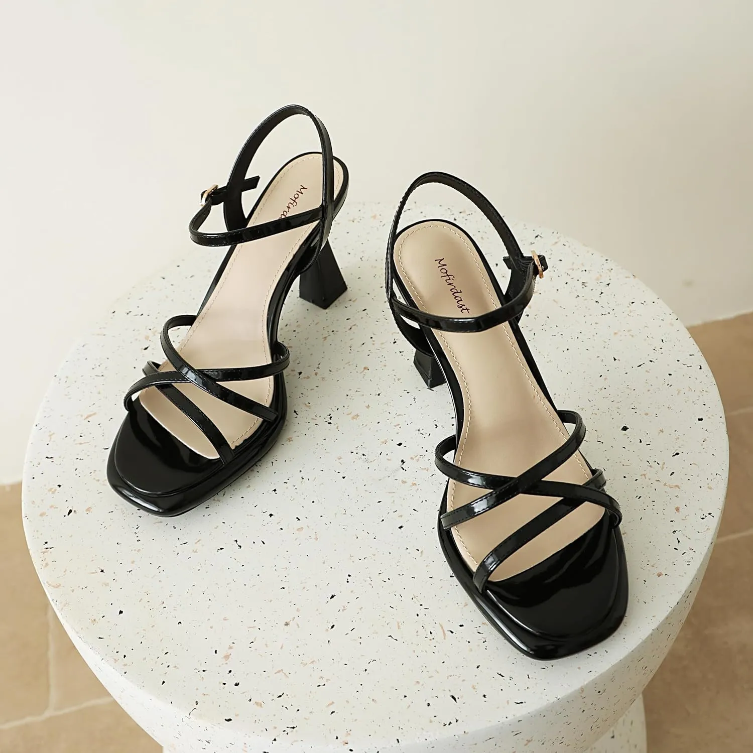 Mofirdast Women's Strappy Platform Heel Sandals Round Toe Ankle Strap High Heels Wedding Work Party Dress Shoes