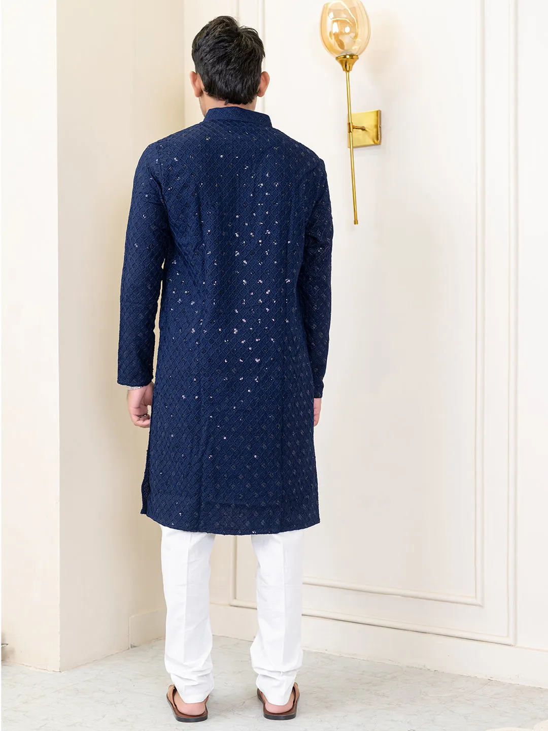 Navy Blue Chikankari Embroidered Cotton Men's Kurta