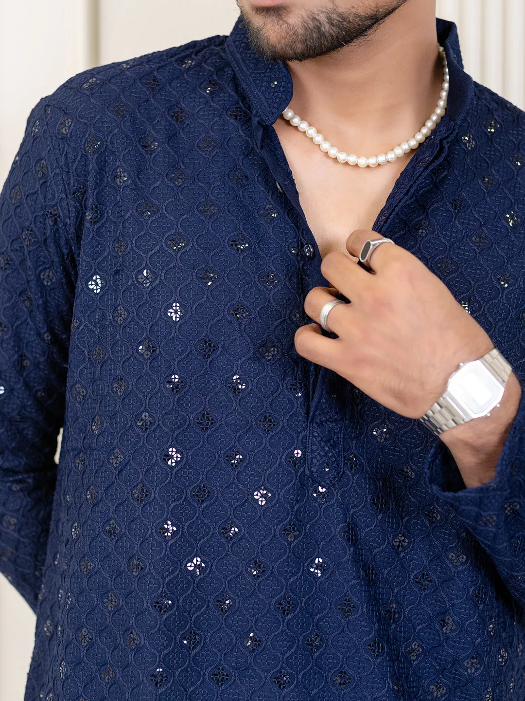 Navy Blue Chikankari Embroidered Cotton Men's Kurta