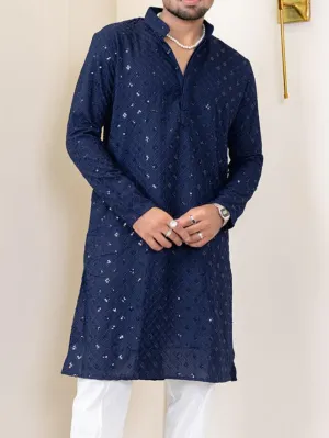 Navy Blue Chikankari Embroidered Cotton Men's Kurta