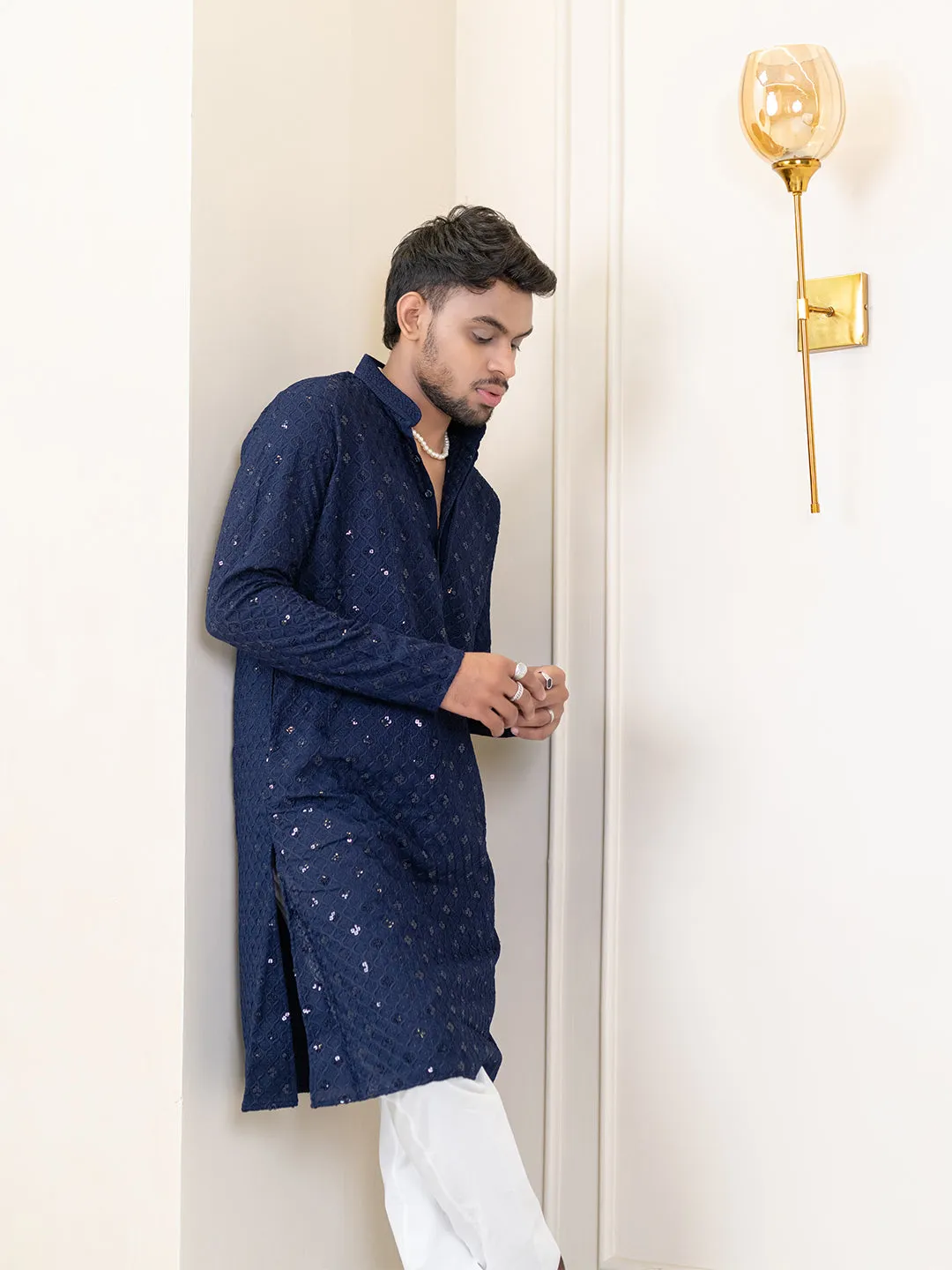Navy Blue Chikankari Embroidered Cotton Men's Kurta