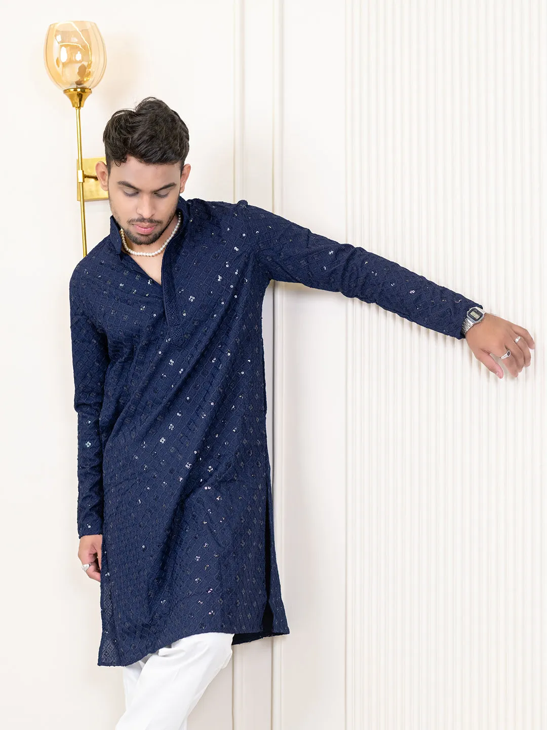 Navy Blue Chikankari Embroidered Cotton Men's Kurta