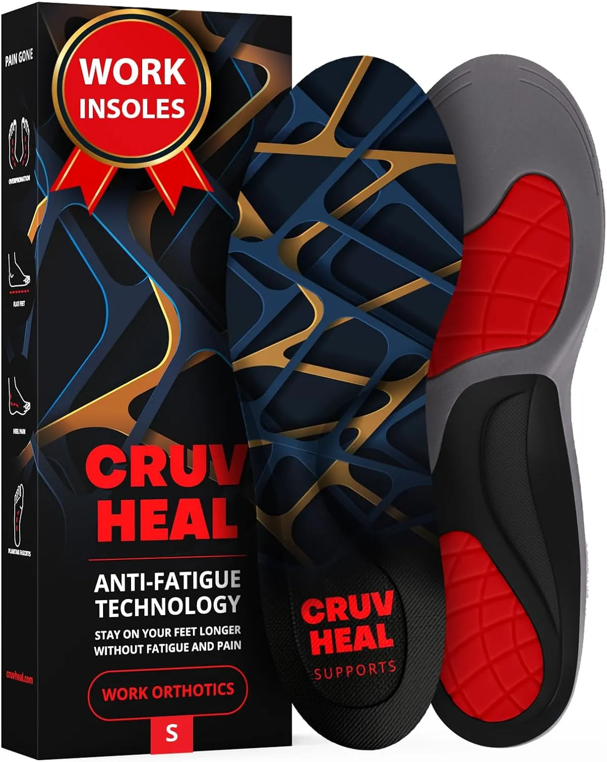 (New) Work Orthotic Insoles - Anti Fatigue Medium Arch Support Shoe Insert Men Women - for Plantar Fasciitis Flat Feet Leg - Relieve Foot Pain - Work Boot Insoles Standing All Day (S, Blue Lines)