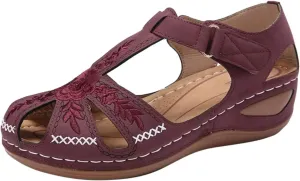 oiangi Soft Wedge Sandals for Women Comfortable Flower Embroidery Hollow Closed Toe Hook and Loop Slides Sandals Summer Sewing Thread Platform Casual Shoes Slippers