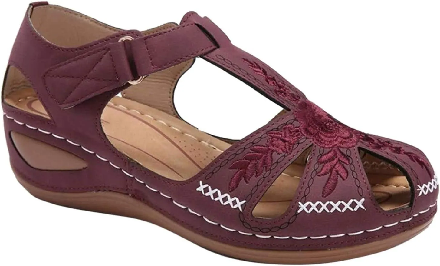oiangi Soft Wedge Sandals for Women Comfortable Flower Embroidery Hollow Closed Toe Hook and Loop Slides Sandals Summer Sewing Thread Platform Casual Shoes Slippers