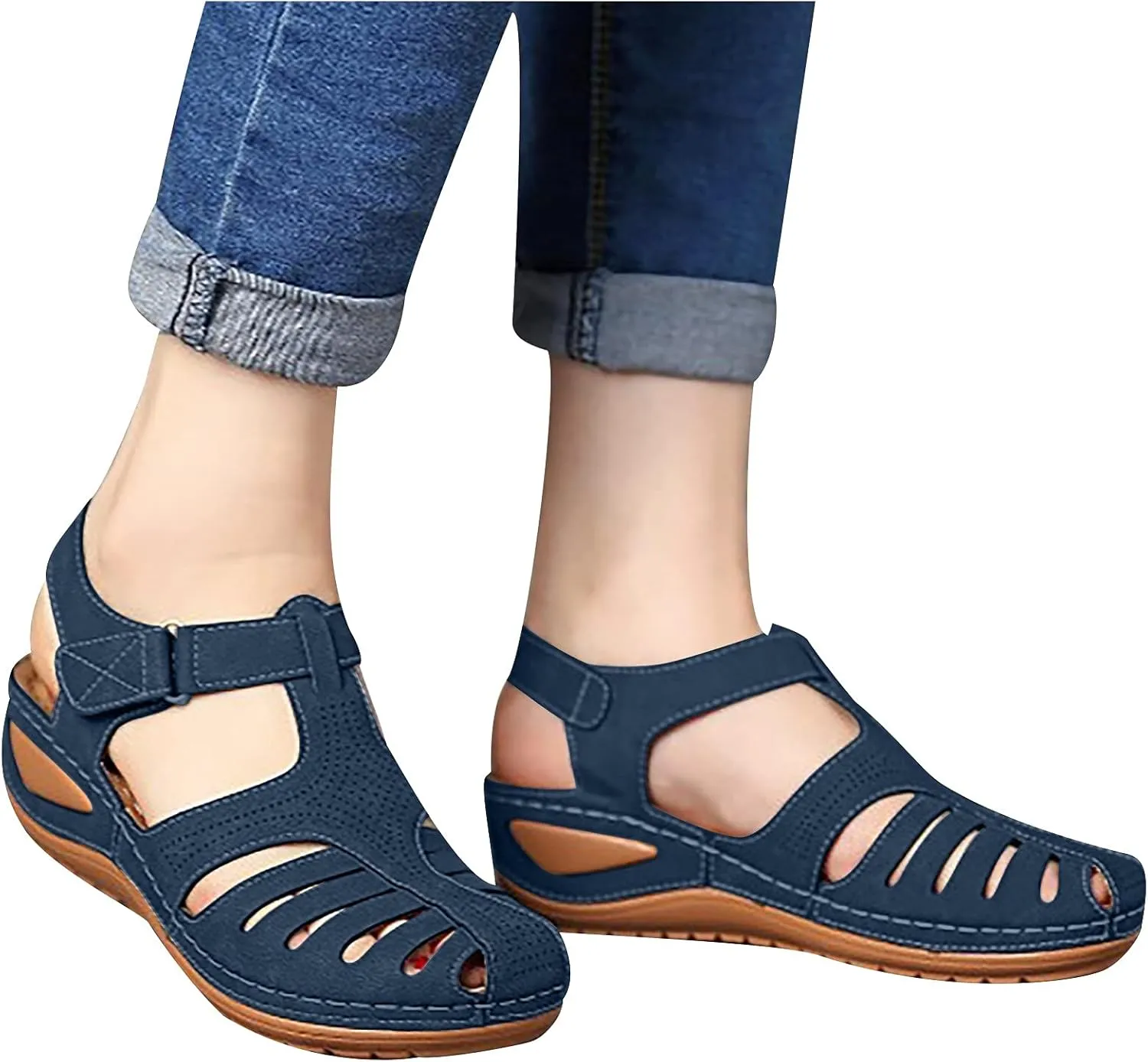 oiangi Wedge Sandals for Women Casual Summer Solid Color Hollow Closed Toe Hook and Loop Sandals Soft Comfortable Lightweight Outdoor Beach Travel Shoes