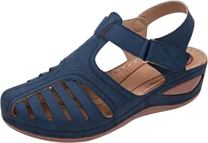 oiangi Wedge Sandals for Women Casual Summer Solid Color Hollow Closed Toe Hook and Loop Sandals Soft Comfortable Lightweight Outdoor Beach Travel Shoes