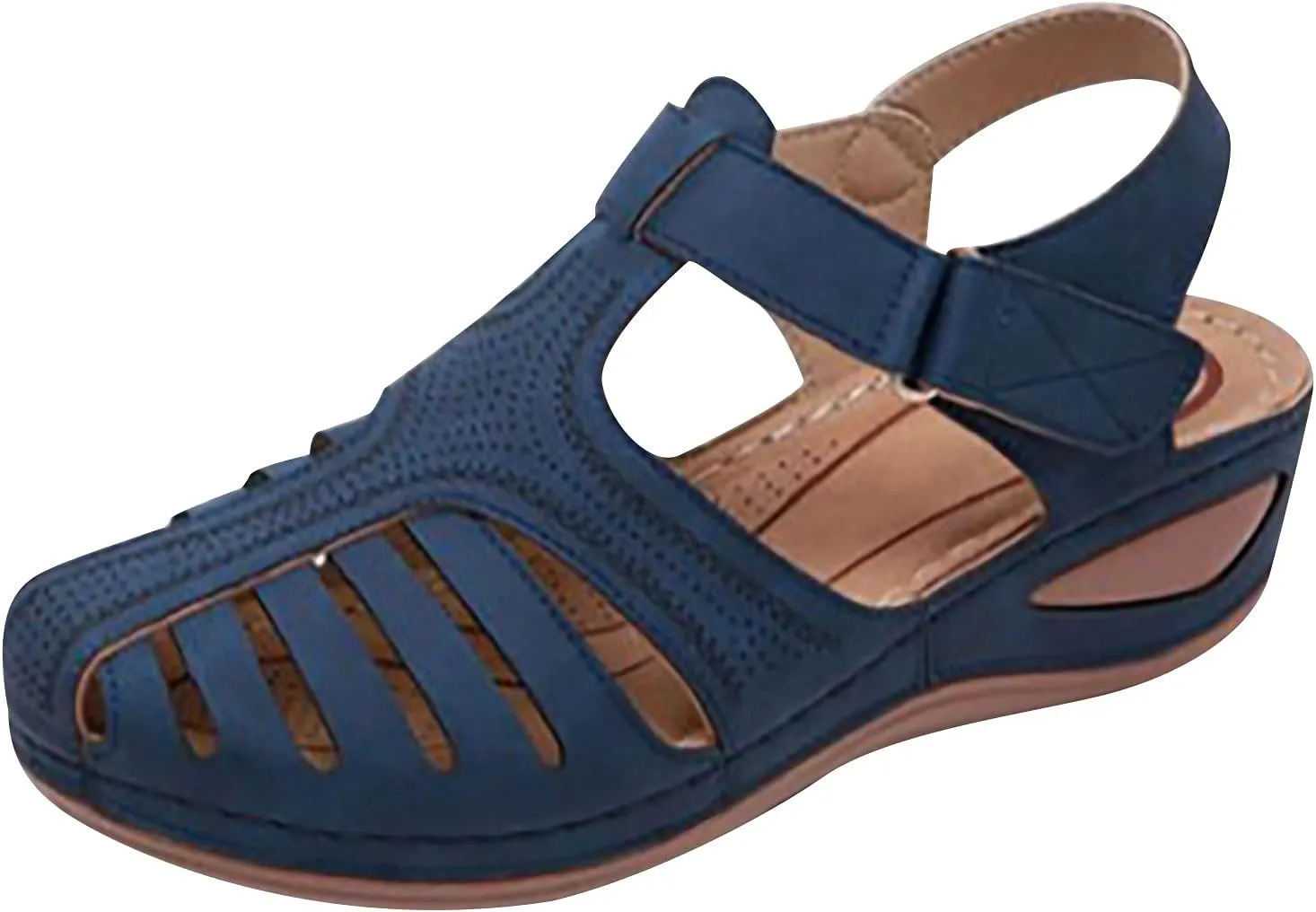 oiangi Wedge Sandals for Women Casual Summer Solid Color Hollow Closed Toe Hook and Loop Sandals Soft Comfortable Lightweight Outdoor Beach Travel Shoes