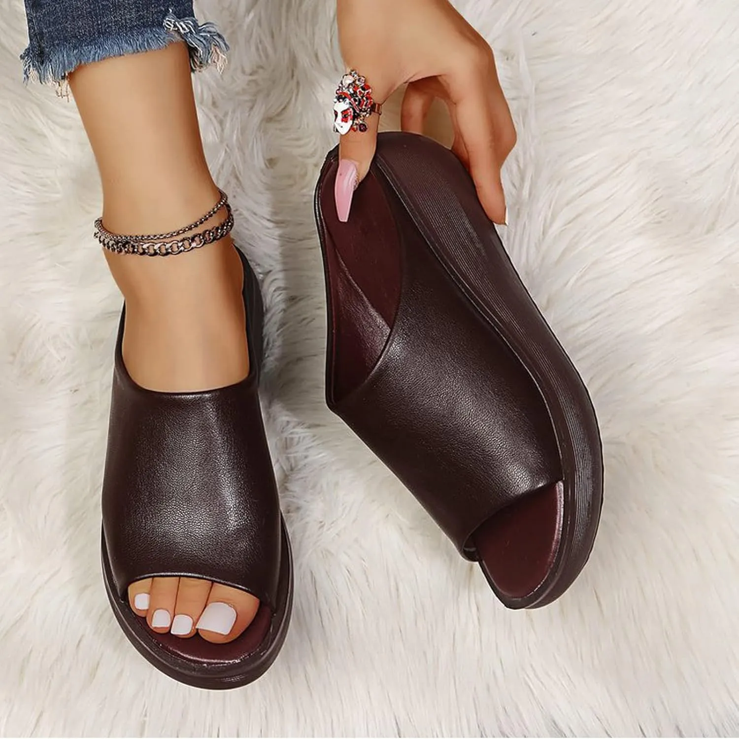 ORNVEION Women's Slip-On Platform Wedge High Heel Sandals,Comfortable and Soft Fashion Open Toe Slippers, Casual Outdoor Shoes