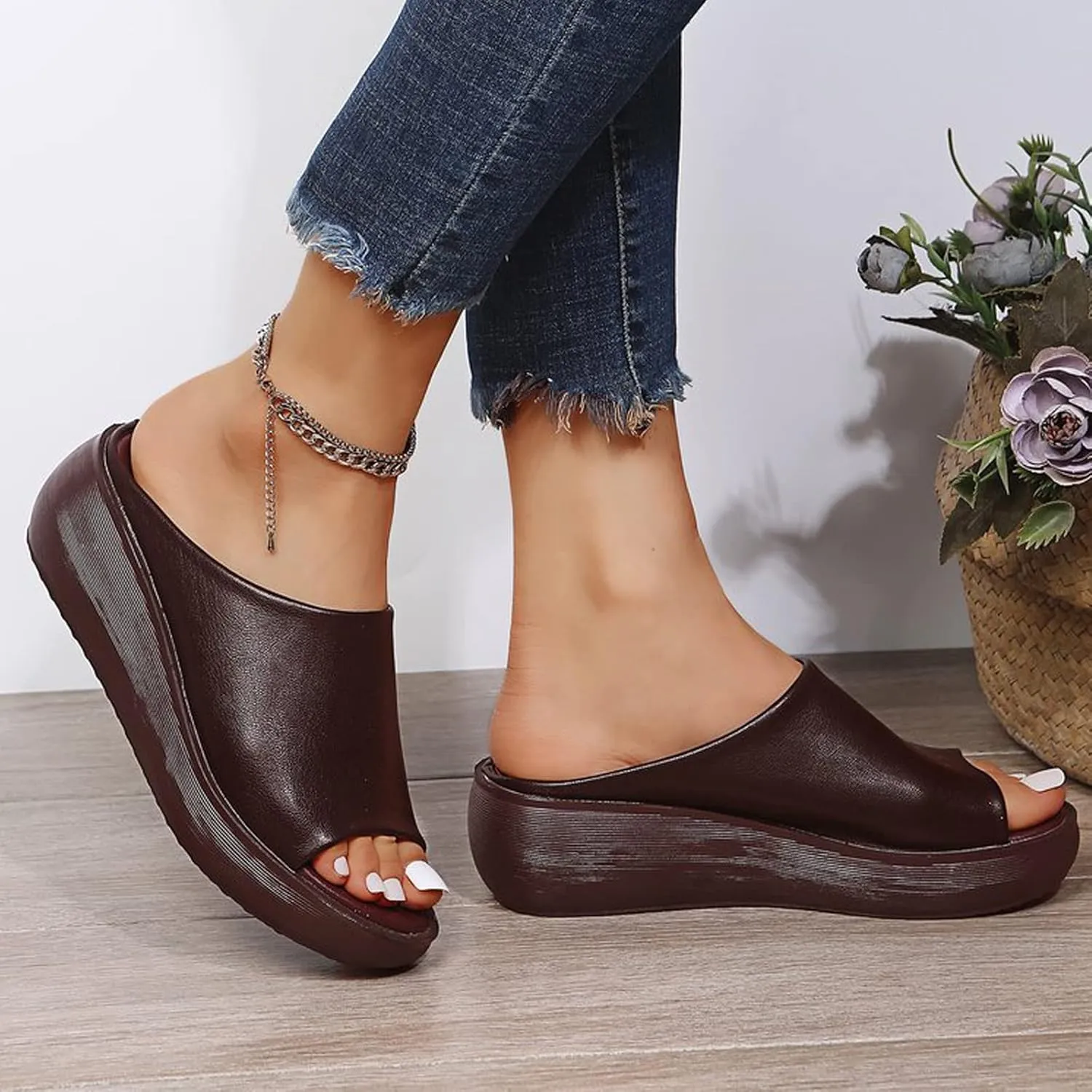 ORNVEION Women's Slip-On Platform Wedge High Heel Sandals,Comfortable and Soft Fashion Open Toe Slippers, Casual Outdoor Shoes