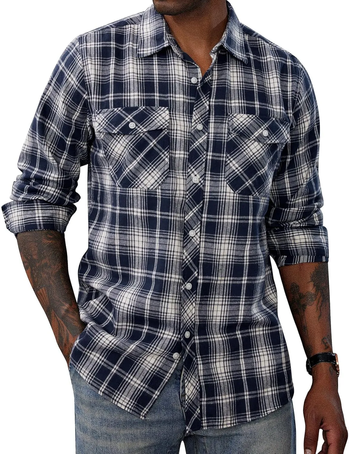 PJ PAUL JONES Mens Flannel Plaid Shirt Casual Long Sleeve Button Down Shirts with Pockets