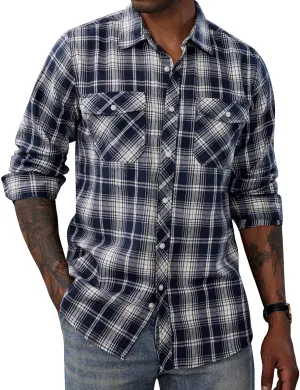 PJ PAUL JONES Mens Flannel Plaid Shirt Casual Long Sleeve Button Down Shirts with Pockets