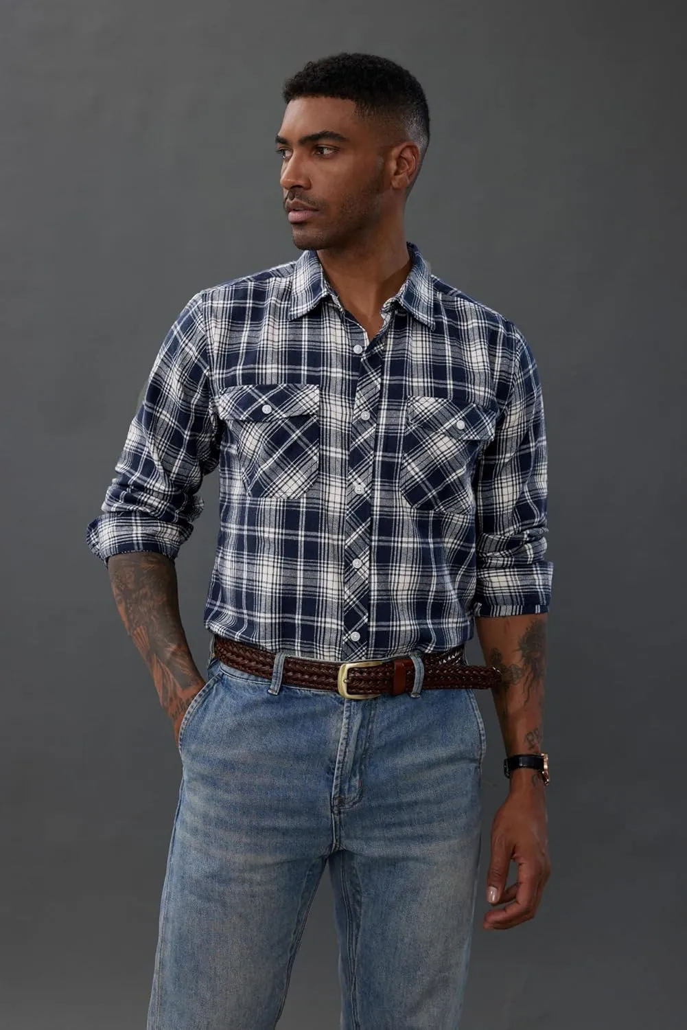PJ PAUL JONES Mens Flannel Plaid Shirt Casual Long Sleeve Button Down Shirts with Pockets