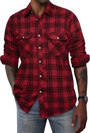 PJ PAUL JONES Mens Flannel Plaid Shirt Casual Long Sleeve Button Down Shirts with Pockets