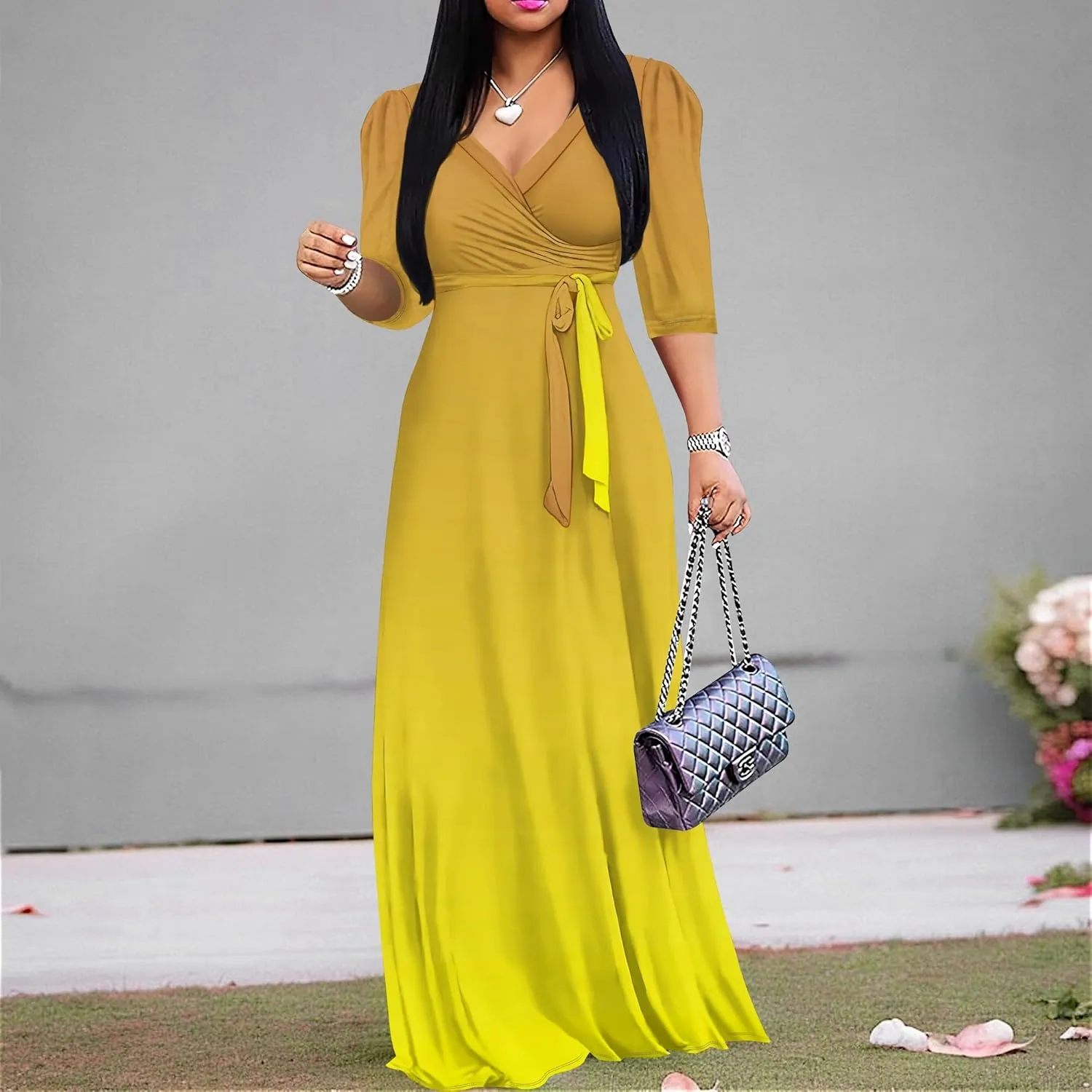 Plus Size Maxi Dress 3/4 Sleeves V Neck A Line Long Swing Solid Color Sundress Cocktail Party Belted Wrap Dresses