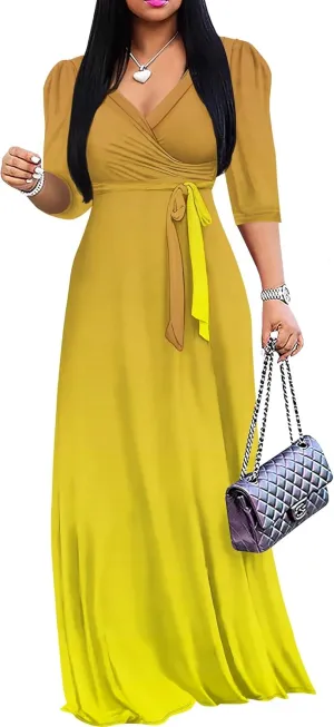 Plus Size Maxi Dress 3/4 Sleeves V Neck A Line Long Swing Solid Color Sundress Cocktail Party Belted Wrap Dresses