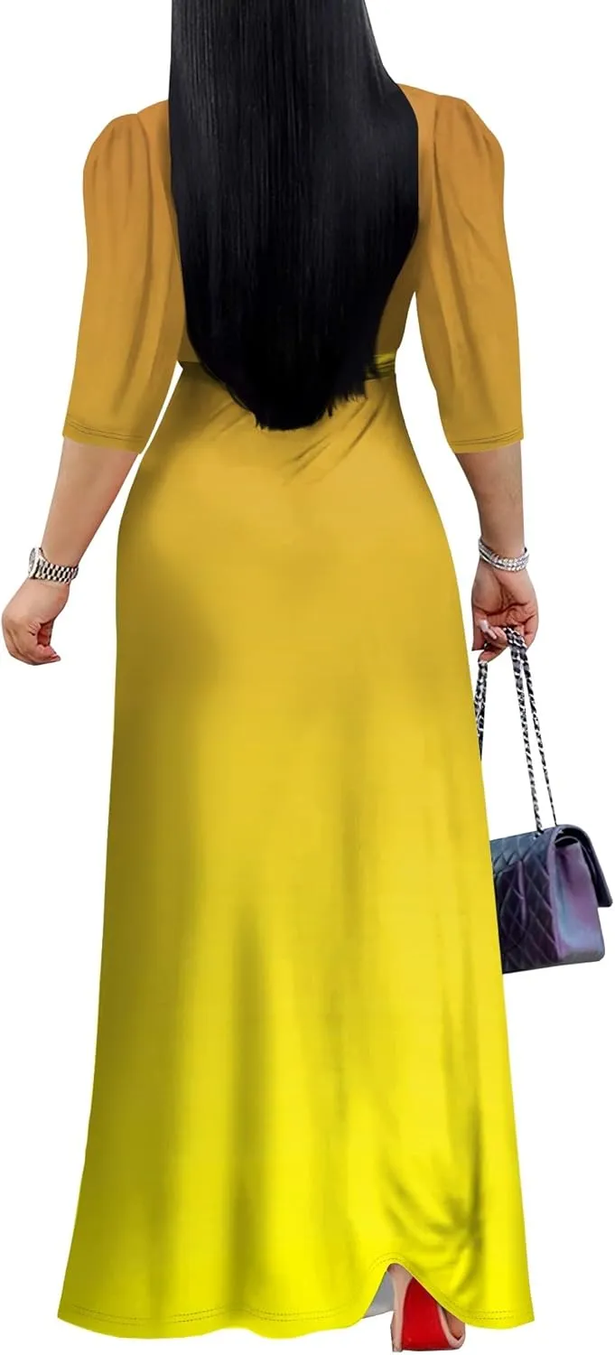 Plus Size Maxi Dress 3/4 Sleeves V Neck A Line Long Swing Solid Color Sundress Cocktail Party Belted Wrap Dresses