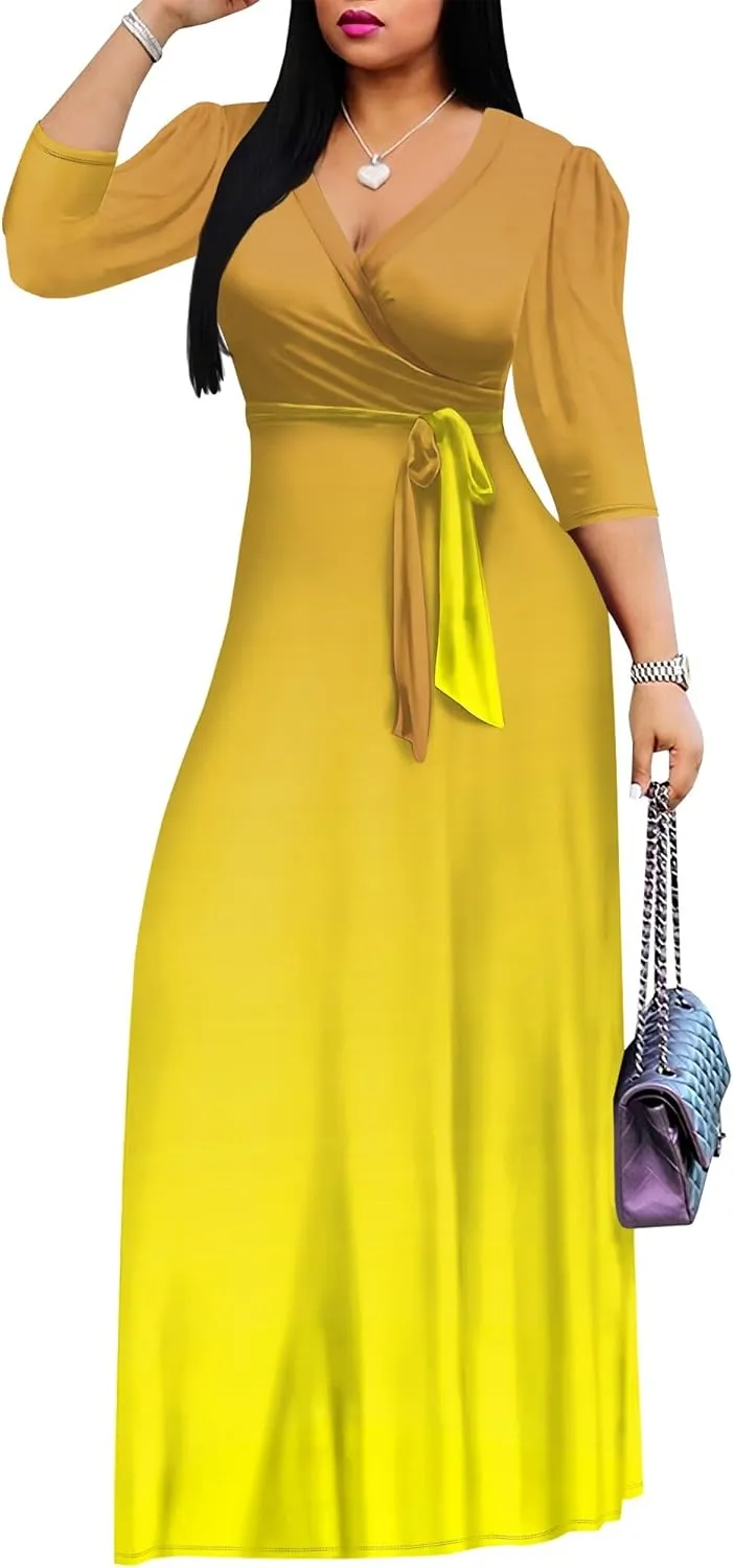 Plus Size Maxi Dress 3/4 Sleeves V Neck A Line Long Swing Solid Color Sundress Cocktail Party Belted Wrap Dresses