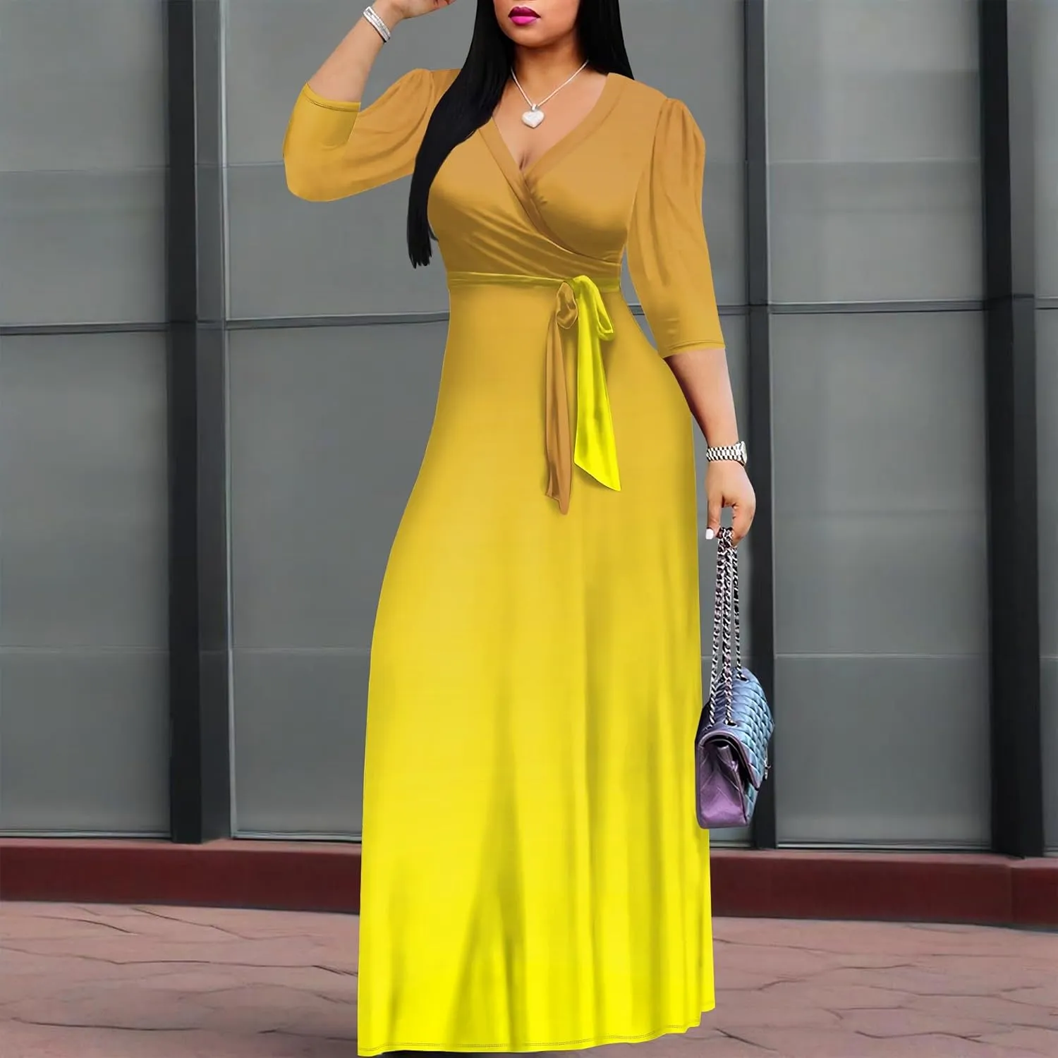 Plus Size Maxi Dress 3/4 Sleeves V Neck A Line Long Swing Solid Color Sundress Cocktail Party Belted Wrap Dresses