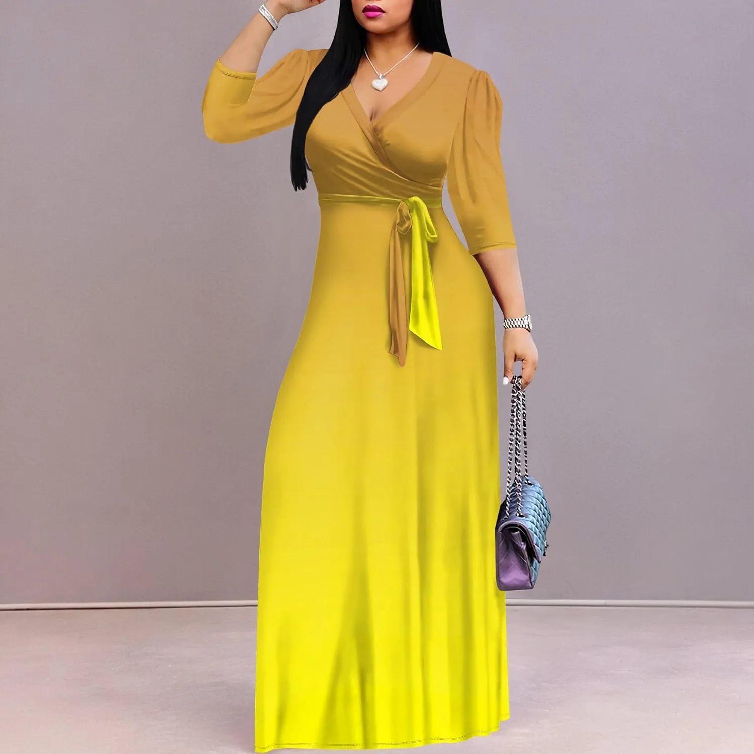 Plus Size Maxi Dress 3/4 Sleeves V Neck A Line Long Swing Solid Color Sundress Cocktail Party Belted Wrap Dresses