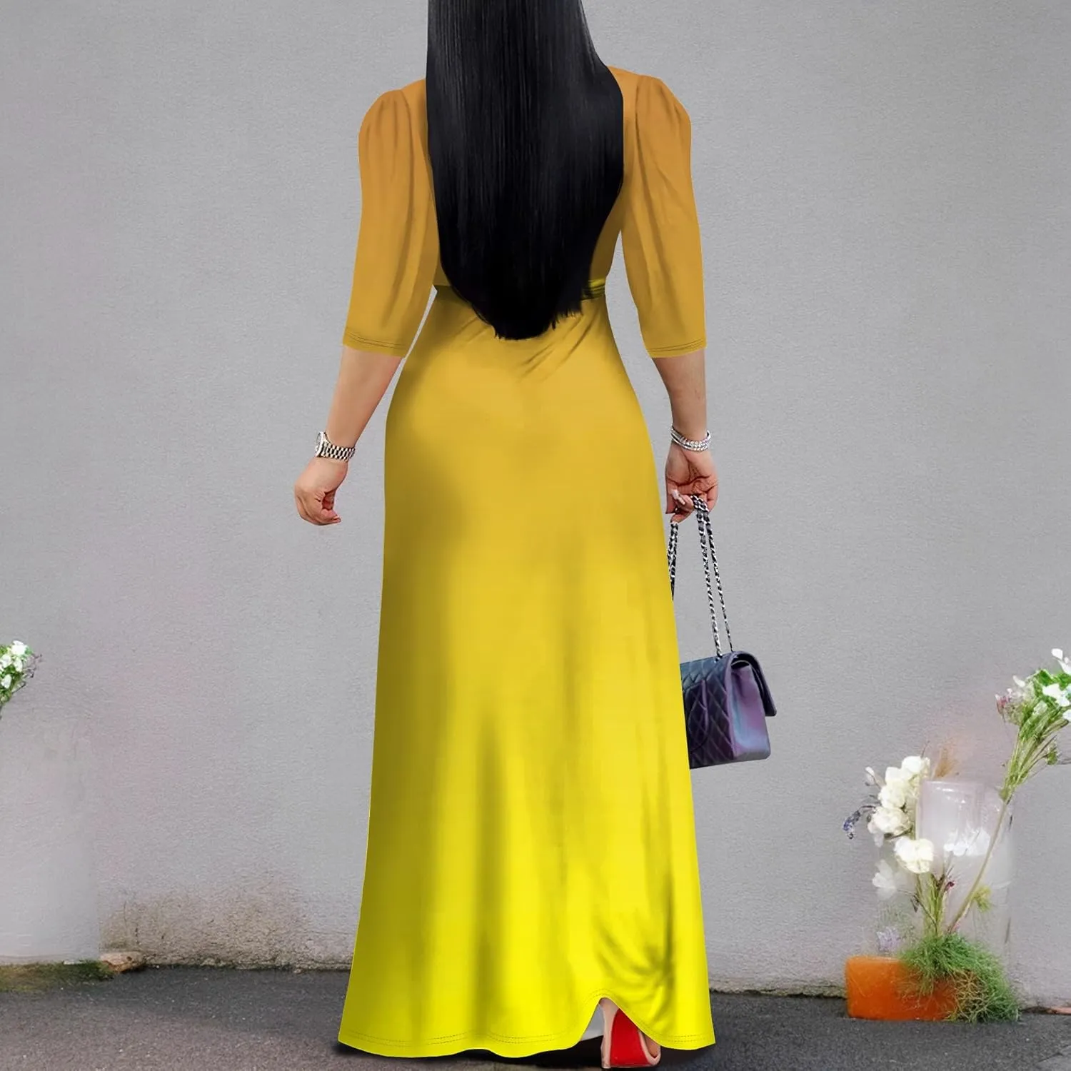Plus Size Maxi Dress 3/4 Sleeves V Neck A Line Long Swing Solid Color Sundress Cocktail Party Belted Wrap Dresses