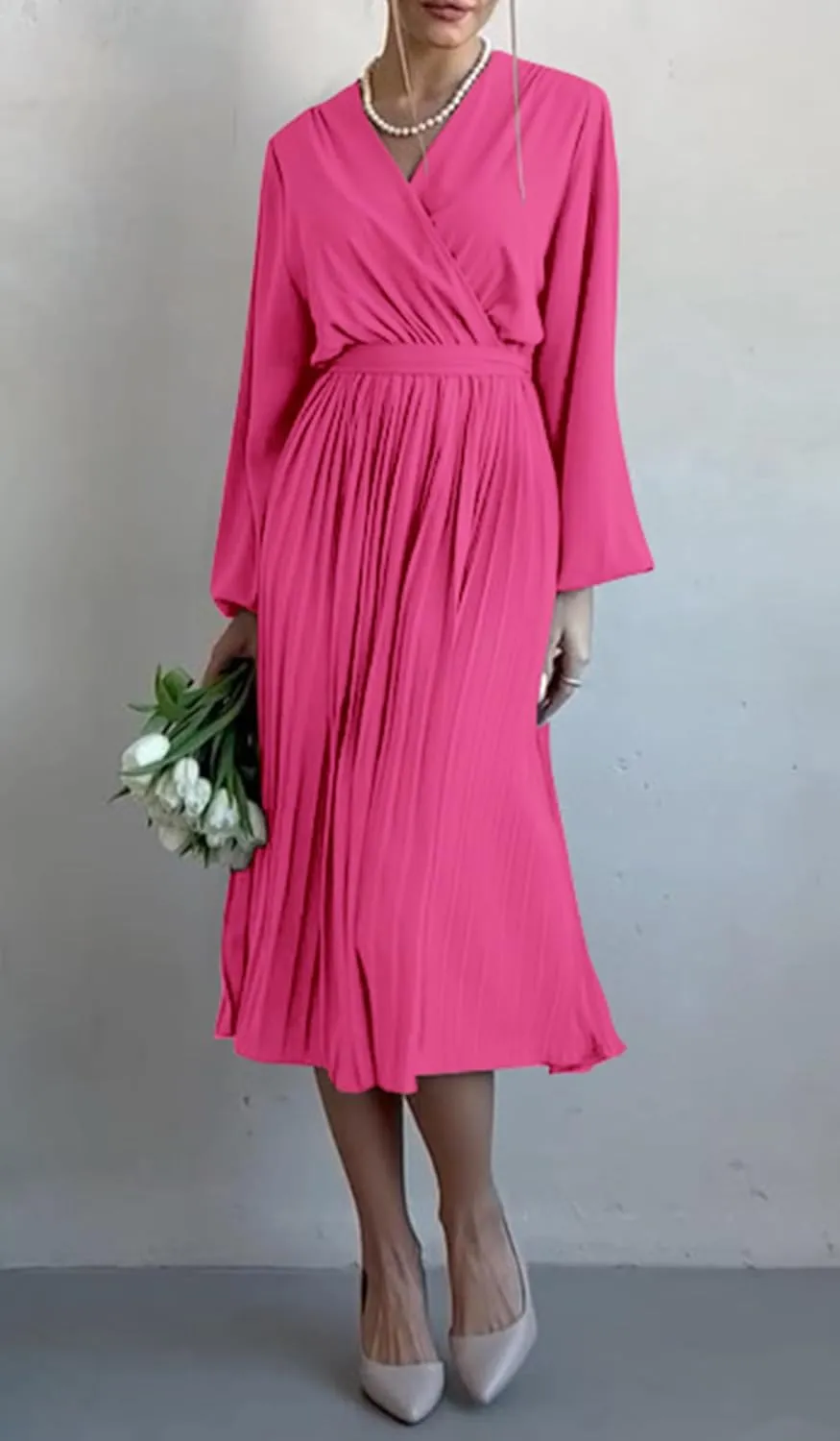 PRETTYGARDEN Women's Spring Midi Dress Long Puff Sleeve Wrap V Neck Flowy Ruffle Pleated Casual Fall Dresses